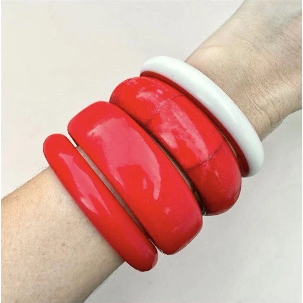 Vintage Red Bangle Stack Bracelet Lot Chunky Cherry Resin Lucite Bakelite Style